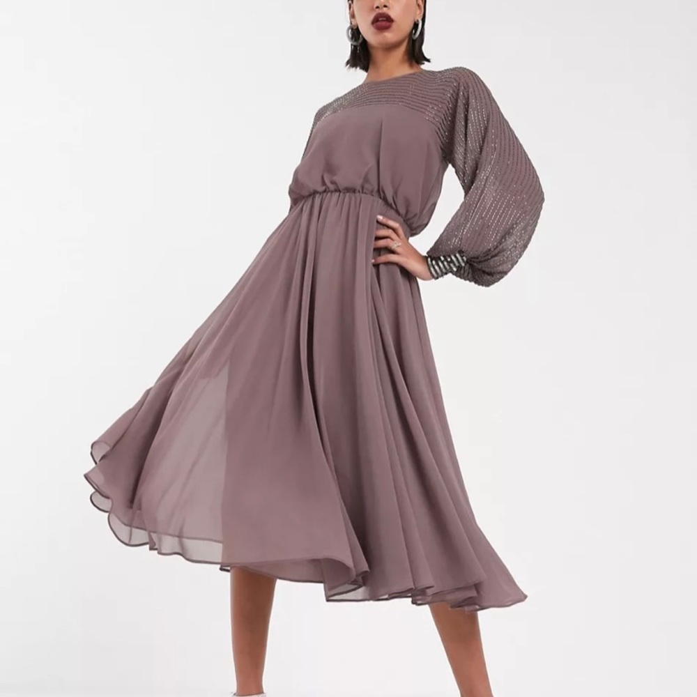 ASOS Women’s Size 10 (fits like 6-8) Midi Dress with Linear Yolk Embellishment